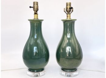 A Pair Of  Vintage Glass Lamps On Lucite Bases
