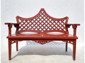A Vintage Asian Lattice Back Bench In Red Lacquer