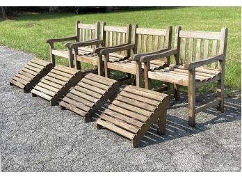 A Set Of English Teak Chairs By Gardener's Eden And Footstools