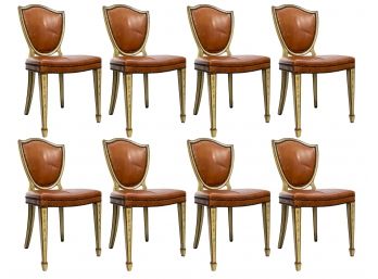 A Set Of 8 Elegant Vintage Shield Back Dining Chairs In Saddle Leather With Nailhead Trim