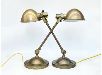 A Pair Of Adjustable Height Solid Brass Desk Lamps, Possibly Restoration Hardware