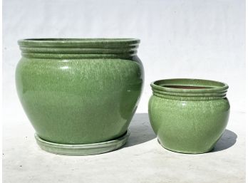 A Pairing Of Glazed Ceramic Planters