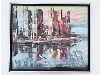 A Vintage Oil On Board Manhattan Skyline By Morris Katz, Dated 1987