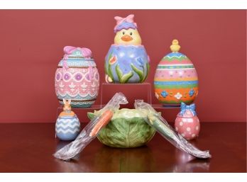 Collection Of David's Cookies Easter Themed Cooke Jars And Valerie Salad Bowl And Serving Utensils
