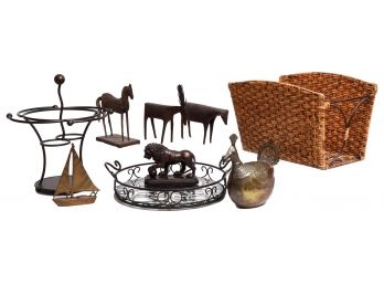 Bronze Lion Figurine, Crate & Barrel Magazine Holder, Wine Holder, Serving Tray, Metal Animal Figurines