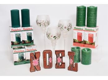 Collection Of Flameless Candles And Holiday Themed Glass Hurricane Candle Holders