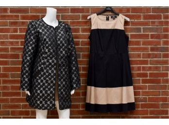 Dennis Basso Color Block Fit And Flair Dress And Leopard Jacquard Zip Up Dressy Jacket (Size 14)