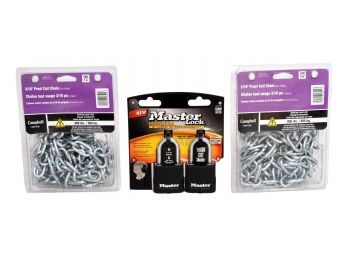 NEW! Pair Of Campbell 10 Foot Proof Coil Chains And Master Lock Magnum Locks
