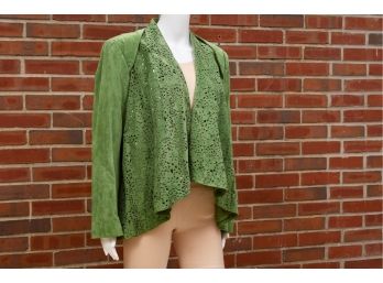 NEW! CHI By Carlos Falchi Green Suede Leather Ruffled Front Jacket (Size Large)