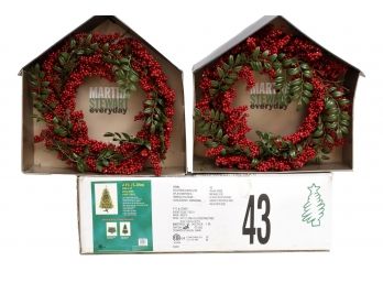 Pre-lit Hillside 4 Foot Pine Tree And Pair Of Martha Stewart Woodland Fancy Holiday Wreaths