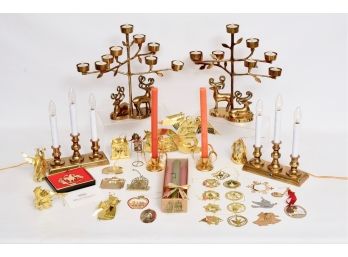 Collection Of Brass Ornaments, Pair Of Reindeer Brass Candle Holders And More