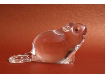 Signed STEUBEN Crystal Beaver Art Glass Figurine By Lloyd Atkins With Garnet Eyes