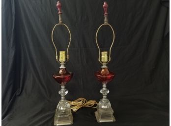 Two Vintage Cranberry & Clear Glass Table Lamps