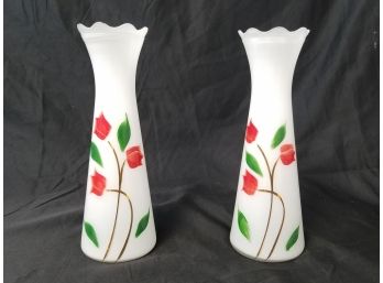 Two Vintage Hand Painted Rose Bristol Glass Vases