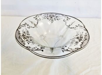 Vintage Footed Glass Bowl With Sterling Silver Inlay Of Vines & Flowers