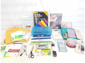 Assorted Office Supply Lot: Pads, Calculator, Scissors, Pens, Pencils, Hole Punch & More