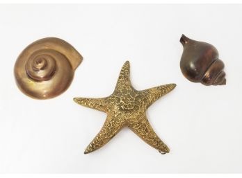 1970's Vintage Brass Seashell Wall Display Sculptures