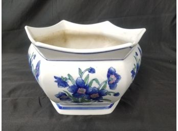 Hand Painted White With Blue Flowers Porcelain Hexagon Planter