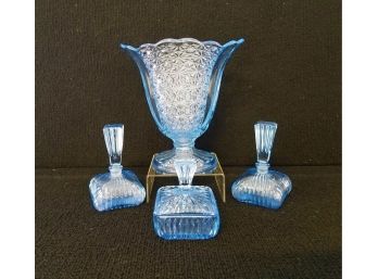 Vintage 1950's Ice Blue Diamond Glass Vase, Perfume Bottles & Jewelry Holder - Made In Czechoslovakia