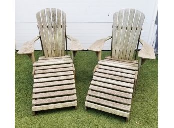 Two Vintage Adirondack Lounger Chairs With Ottomans Made In USA By Wood Classics