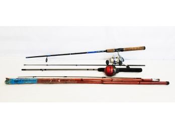 Three Fishing Rods & Reels: Shakespeare, Zebco & Vintage Bamboo Poles