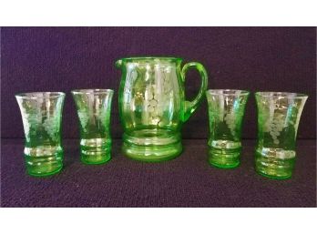 Green Uranium Glass  Pitcher And Four Matching Tumblers With Etched Grapes & Vines