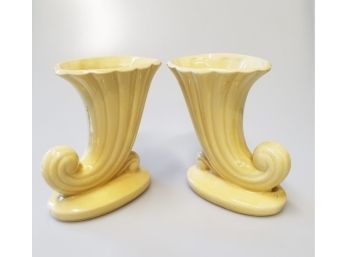 Two Vintage Cornucopia Shaped Vase's With Shiny Finish  By USA Pottery