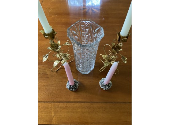 Glass Vase 10' And Gold And Silver Toned Candle Stick Holders