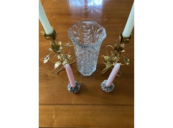 Glass Vase 10' And Gold And Silver Toned Candle Stick Holders