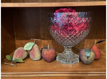 Glass Punch Bowl 8.25x10' Filled With Rose Ornaments And Fruit Decor