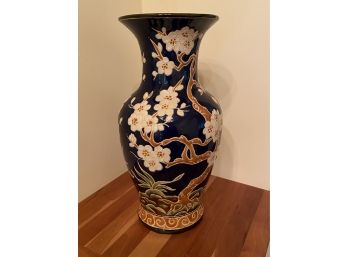 Blue And Gold Vase With Orchids 9x21' Lovely Chinese? Unmarked