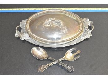Silver Plated Serving Plater With Lid And Serving Utensils By Godinger, Glass Serving Dish 13.75x9.5