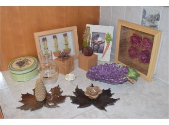 Collection Of Treasures, Ceramic Maple Leaves, 2 Small Wooden Boxes, Picture Frame, Shadow Boxes And A Few Mor