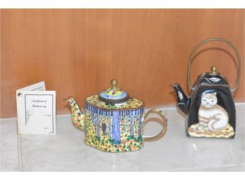 2 Enameled Miniature Tea Pots, Vincent 5x2x3 Has Certificate Of Authenticity, Black Pot With Cat  3x1.5x4.5