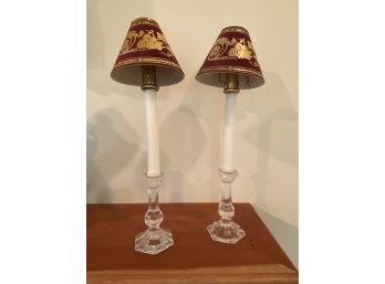 Pair Of Glass Candle Stick Holder With Followers And Red & Gold Shade 5.5