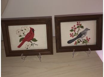 Pair Of Pair Of Needlepoint Birds Cardinal And Bluejay  8.5x6.5'