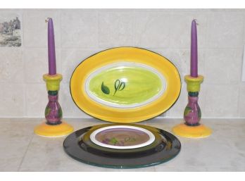 Candle Sticks Purple, Green And Gold 6.5x4.5, 1 Serving Plate And 1 Dinner Plate