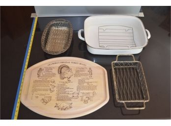 Grandma's Original Turkey Board, Roasting Pan And Two Melt Baskets.