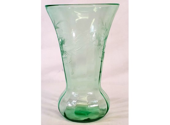 Vintage 10' Green Depression Glass Floral Etched Flower Vase