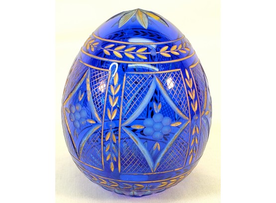 Beautiful Vintage Faberge St. Petersburg Russian Cobalt Blue Hollow Carved & Gold Painted Egg