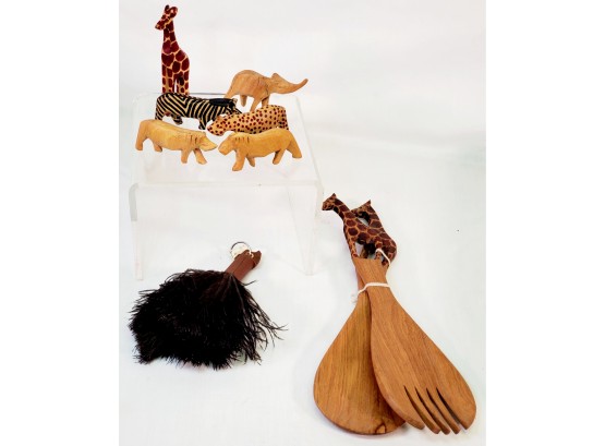 Grouping Of African Wood & Figurines, Salad Servers & Ostrich Feather Keychain