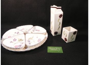Very Pretty Floral  Divided Appetizer Serving Tray, Ceramic Milk Carton & Sugar Packet Holder