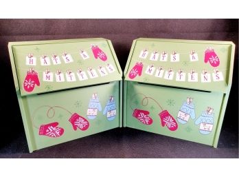 Adorable Pair Of Winter Themed Painted Wood Mitten / Glove Storage Boxes