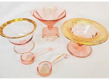 Three Vintage Pink Depression Glass Footed Bowls & Two Pink Glass Ladles