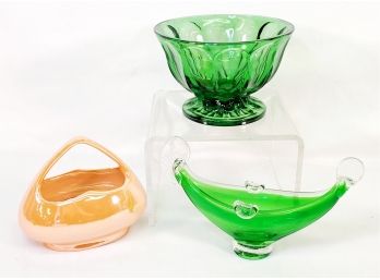 Vintage Green Glass & Iridescent Peach Lusterware Porcelain Dish
