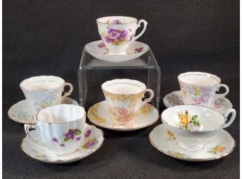 Six Assorted Sets Of Pretty English Bone China Tea Cups & Saucers-Colclough, Crownford, Windsor & Victoria