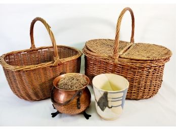 Vintage Wicker Baskets Along With Pottery & Hammered Copper Planters