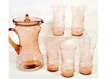 Fantastic Vintage Pink Depression Glass Lidded Floral Etched Pitcher & Matching Set Of Five Tumblers
