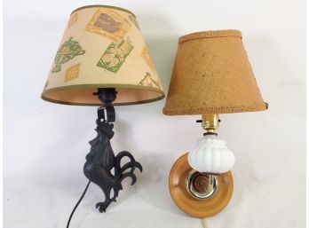 Two Vintage Working Wall Mount Lighting With Original Fabric Shades