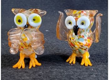 Pair Of Too Cute Blown Glass Multi Colored Whimsical Owls